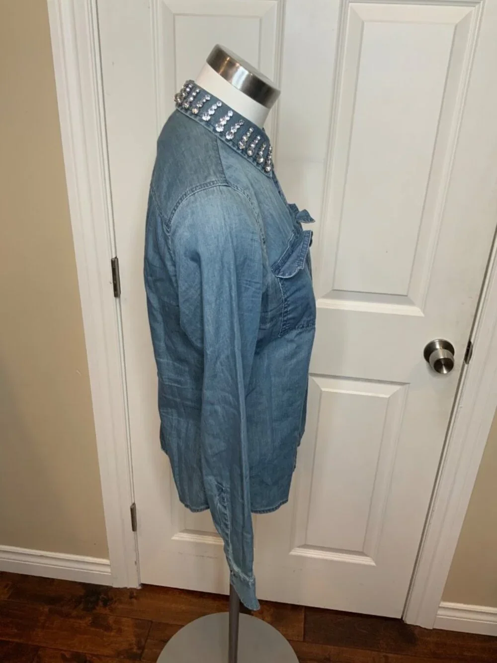 Michael Kors Blue Chambray Denim Button-Up Jewel Collar Shirt, Size XS